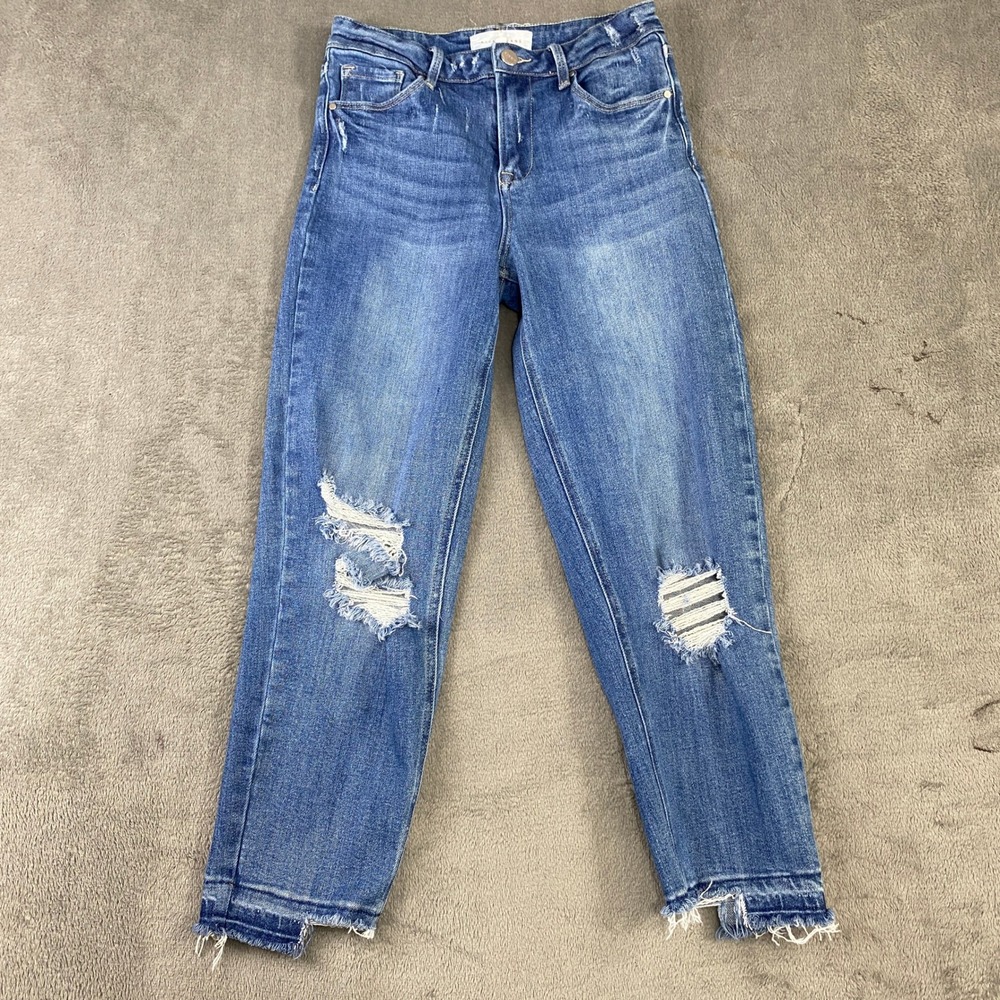 Risen Jeans Straight Leg Womens 3/26 Blue Distressed RDP5029 Frayed Stepped Hem